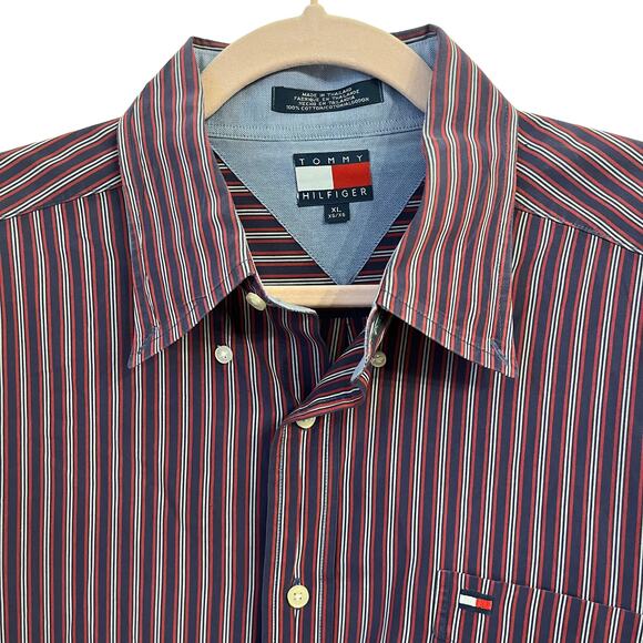 Vintage Tommy Hilfiger Shirt Mens XL 90s Button Down Navy Red Vertical Stripe - Picture 1 of 12